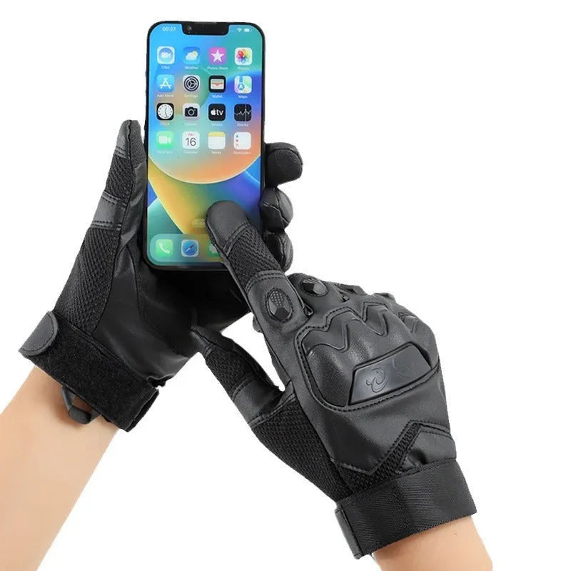 Men's black full finger tactical gloves laid flat, showing touch screen compatible fingertips.