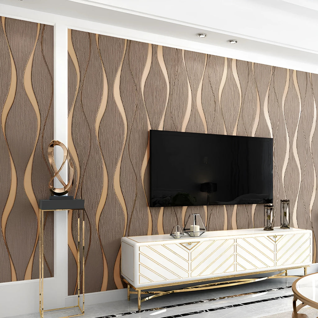 Curve Stripe 3D textured wallpaper roll in deerskin velvet finish, showing light grey and dark brown colour options.