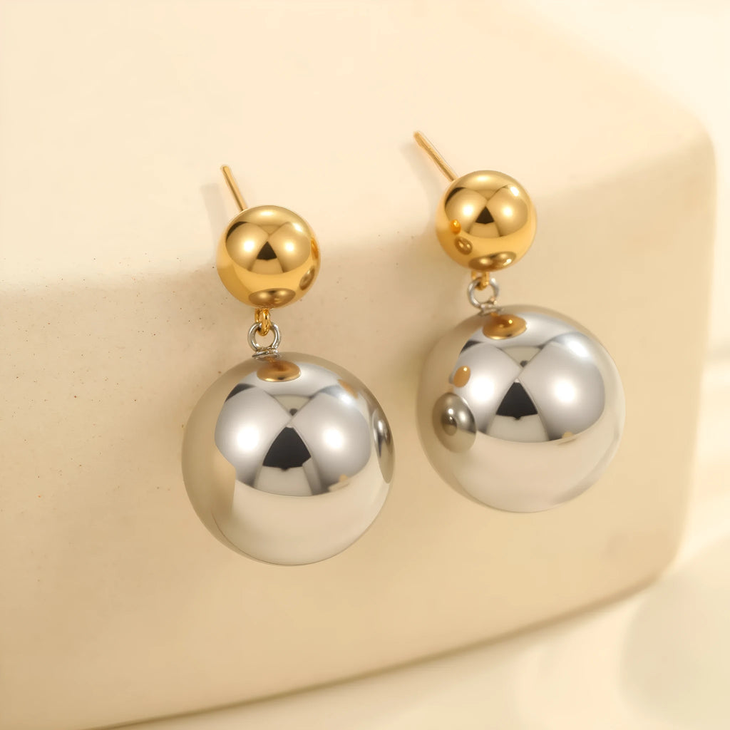Stainless steel geometric round bead ear studs with gold electroplating and colour-block detailing