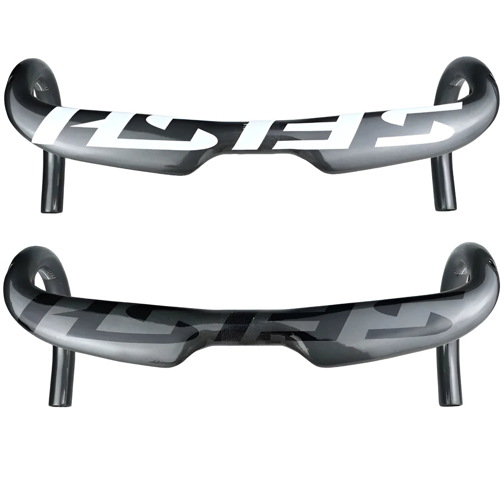 Carbon fibre road bicycle drop handlebar showing ergonomic shape, available in multiple widths.