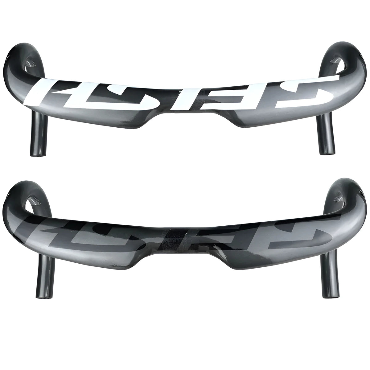 Carbon fibre road bicycle drop handlebar showing ergonomic shape, available in multiple widths.