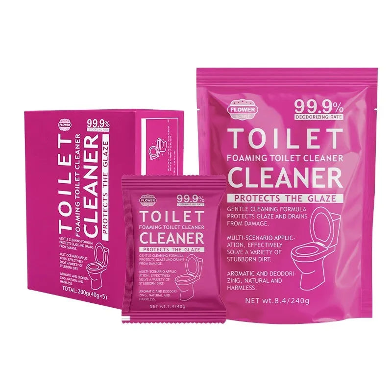 Toilet Bubble Powder cleaning product in blue ocean or pink floral fragrance, showing box and bag options