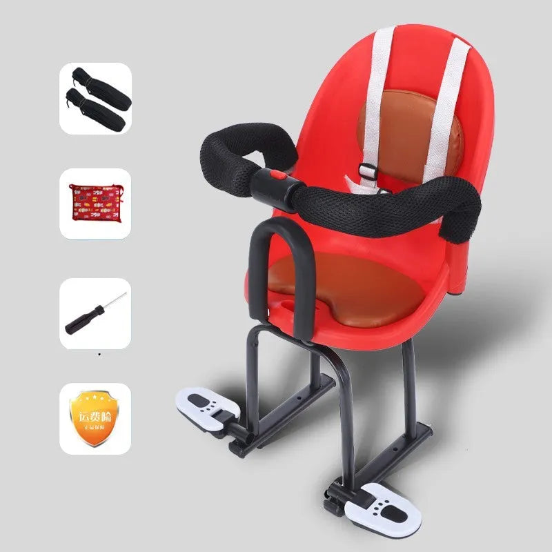 Black high carbon steel front safety seat for a baby on a scooter, dimensions 20x20x53cm.