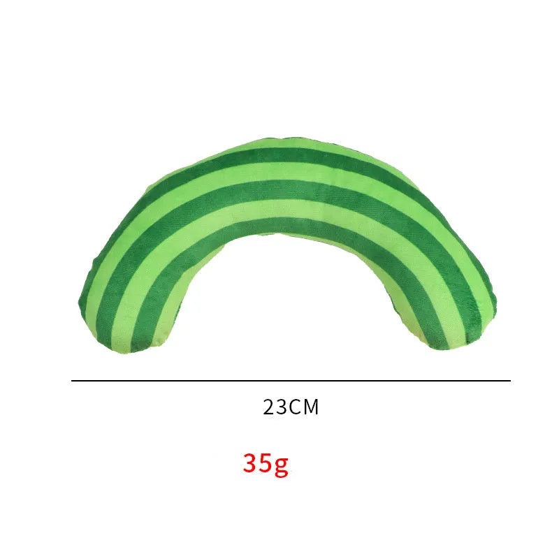 Striped pattern cat pillow toy in green, rainbow, or yellow, showing dimensions of 23cm by 20cm.