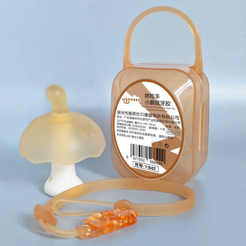 Small mushroom-shaped latex gum with food-grade silicone gel in pink or nano colour, shown with transparent box and chain options.