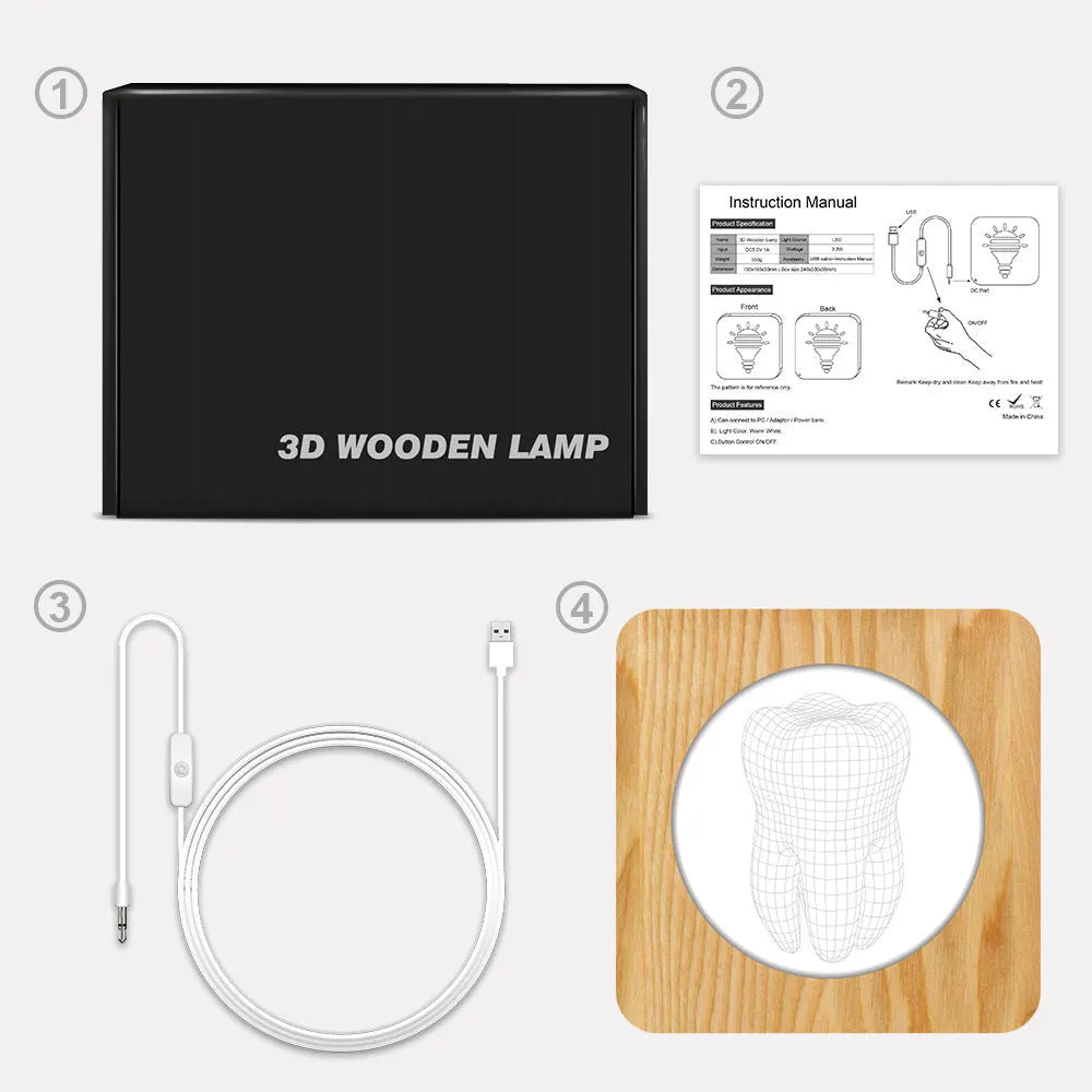 Tooth-shaped wooden-coloured acrylic night lamp with USB cable on wooden surface