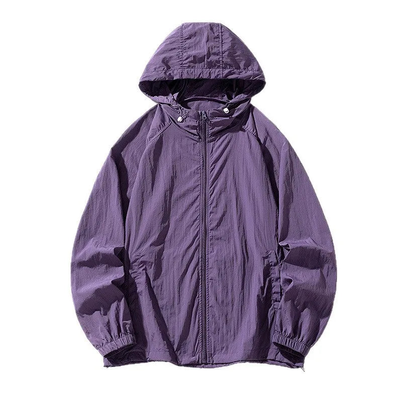 Thin loose fit outdoor sports jacket in various colours on a hanger, showing front and back detail.