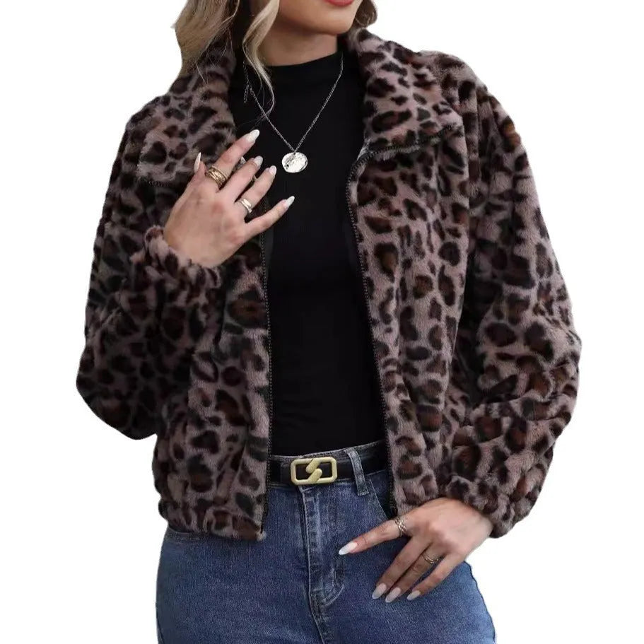 Women's loose fit leopard print plush coat with long sleeves and zip front