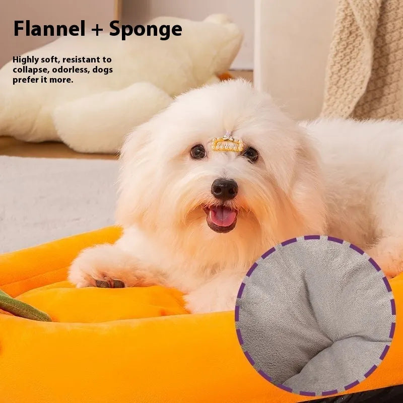 A brown removable cloth dog mat shown in a pet bed, with size options from S to XXL.
