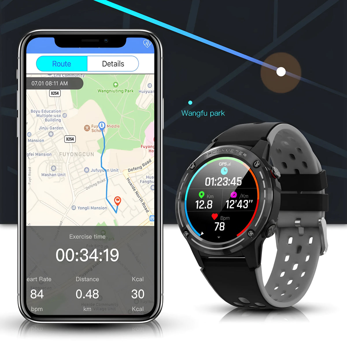GPS positioning smart watch with silicone strap in blue, black, cyan, or silver black colour.
