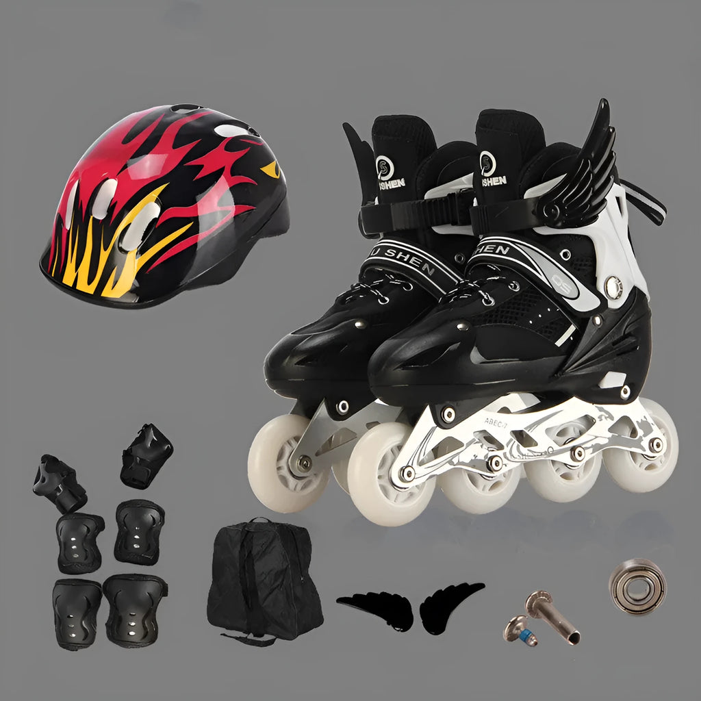 Yellow children's adjustable roller skates with aluminium frame and protective gear set including helmet
