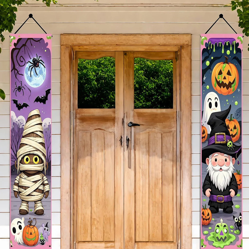 Pair of polyester Halloween couplet banners measuring 30x180cm each for seasonal decoration displays