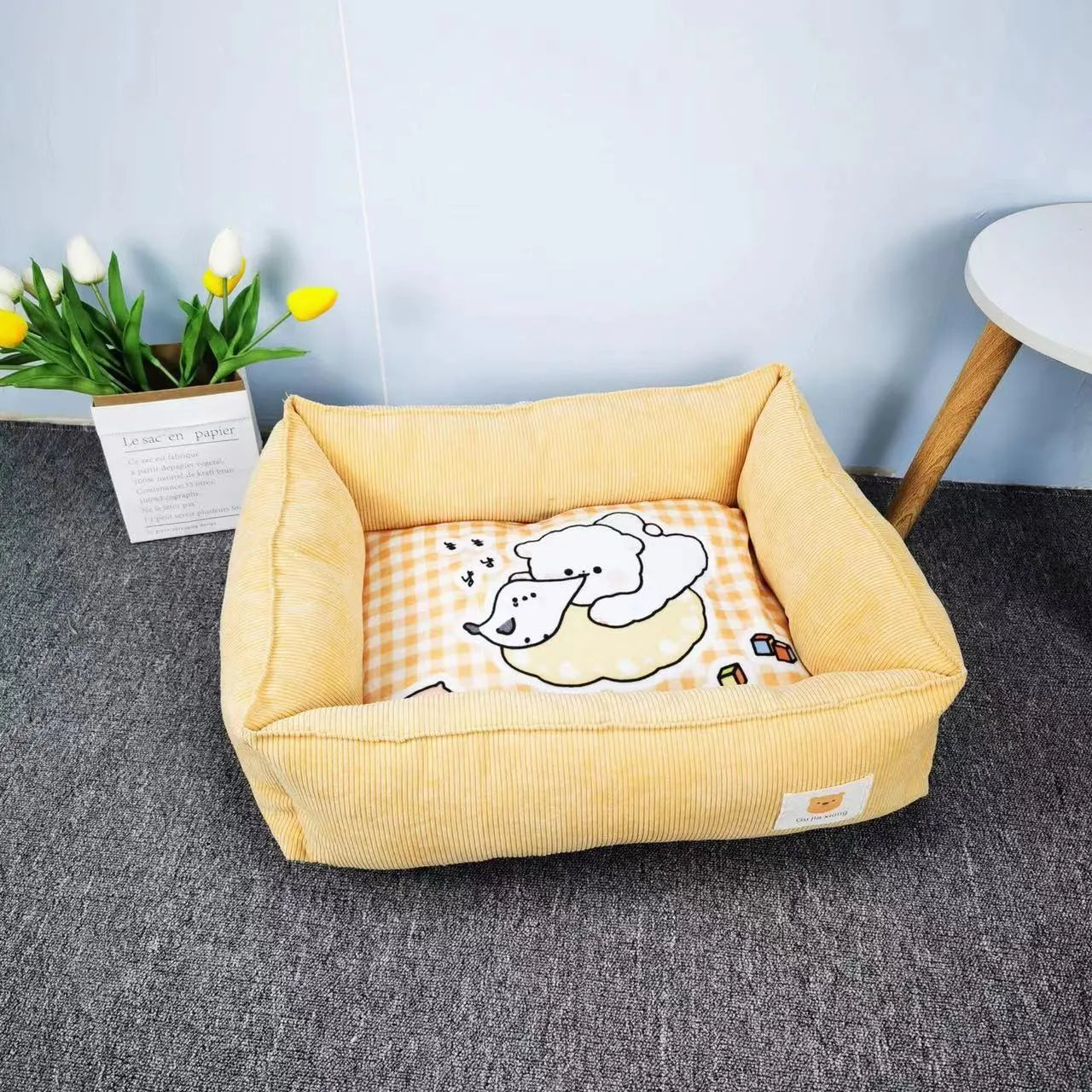 Soft cotton dog pet nest in light blue, shown in a 50x40cm size for winter comfort.