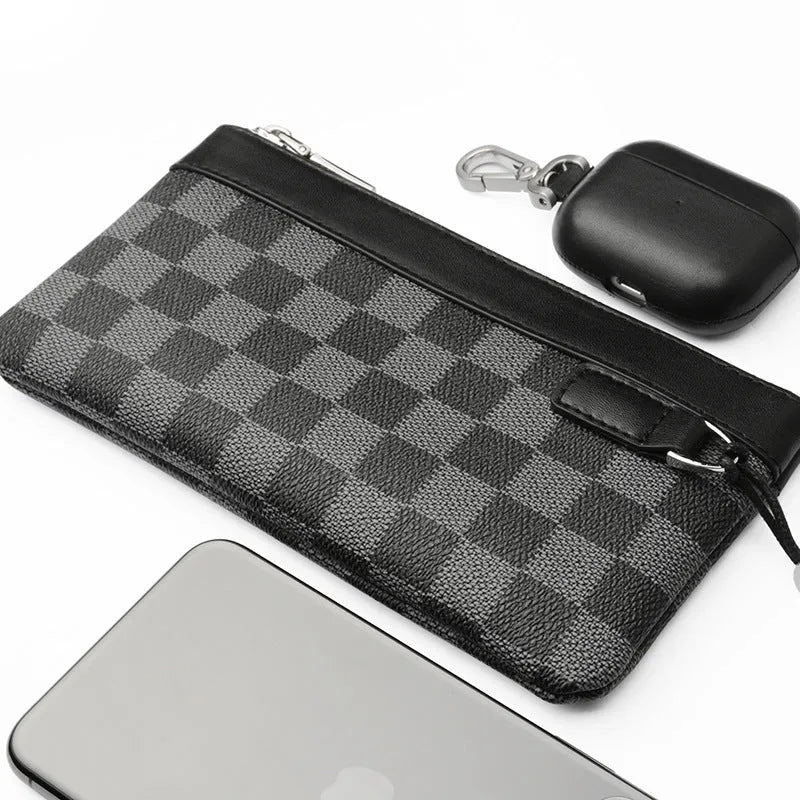 Men's black leather plaid clutch wallet showing 20x10cm dimensions and top layer cowhide texture