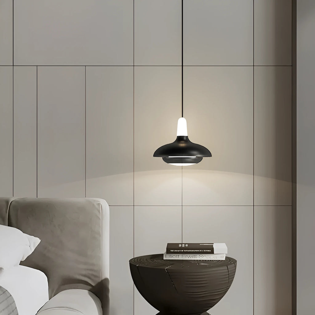 Modern minimalist adjustable bedside pendant light in Nordic style, 110V, shown in Moon White or Obsidian Black for bedroom or dining room.
