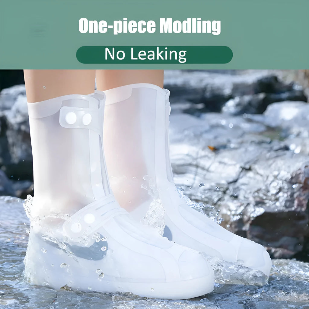 White high-top PVC reusable waterproof shoe cover shown on a foot, with size chart for S to 3XL.