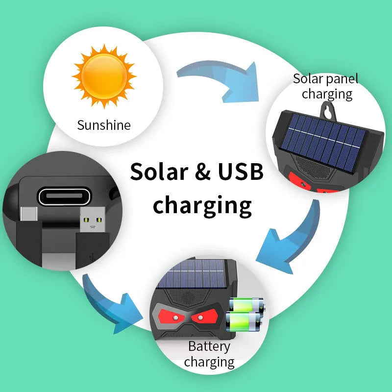 Black solar-powered ultrasonic animal repeller for outdoor garden pest control