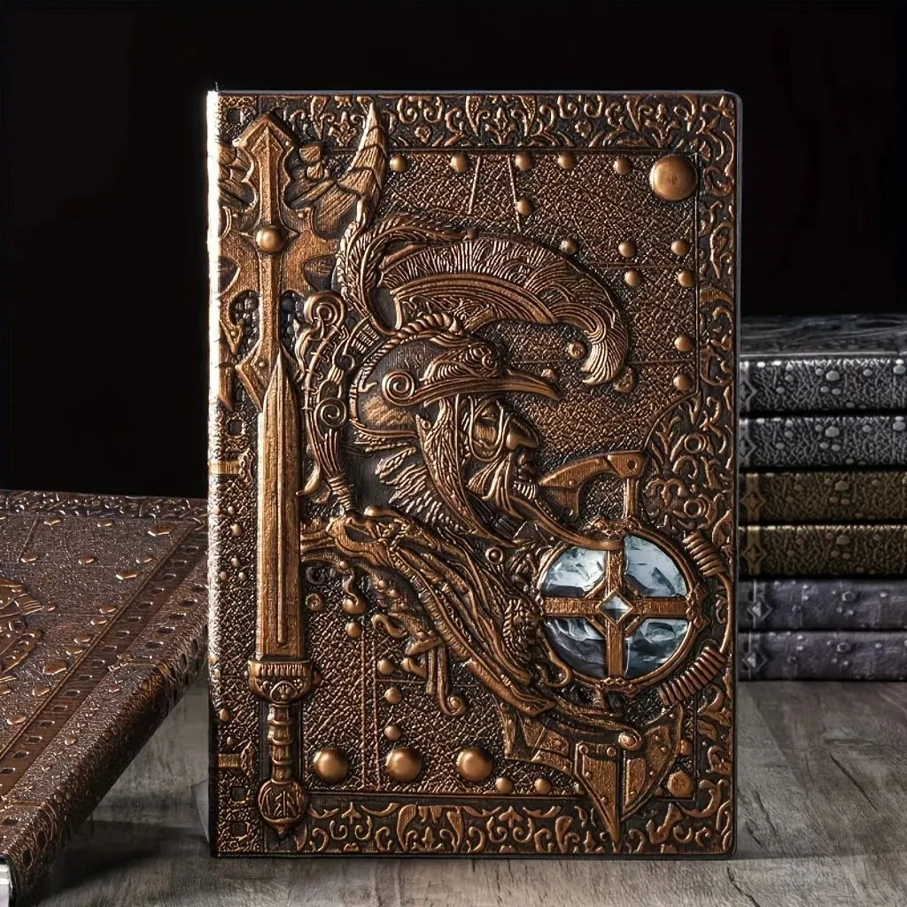 A5 leather notebook with embossed 3D warriors design on the cover, shown in bronze colour.