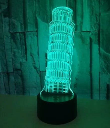 Leaning Tower of Pisa 3D acrylic night light glowing in blue on a black ABS base.
