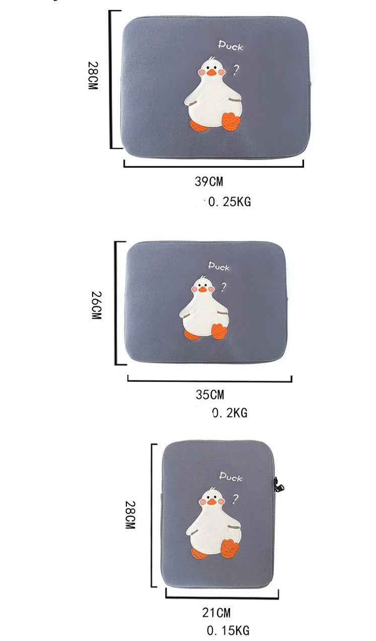 Blue cotton tablet case with cartoon duck embroidery and a zip closure, sized for an 11-inch tablet.