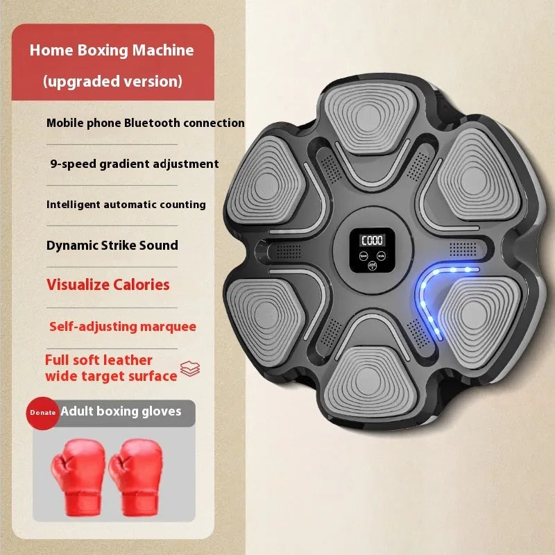 Smart electronic boxing wall target with scoring display and focus gloves for home training.