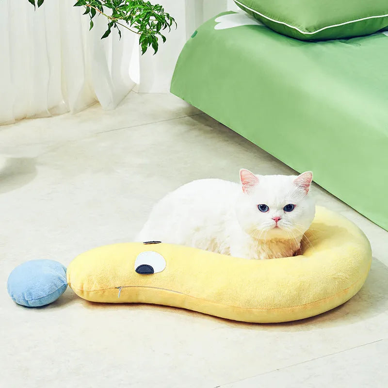 Blue and yellow rectangular pet cushion measuring 62 by 39 centimetres for dogs and cats