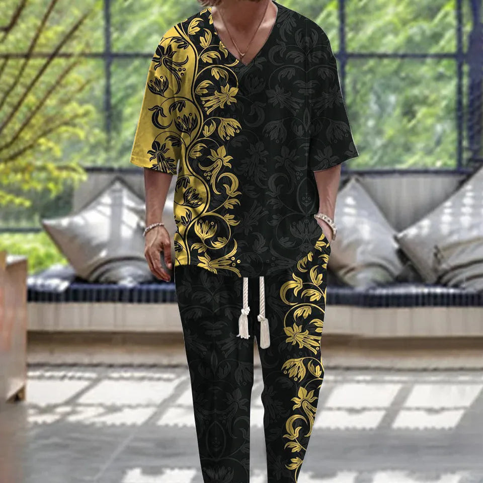 V-neck trousers suit with cropped sleeve jacket and matching trousers in thin polyester fabric