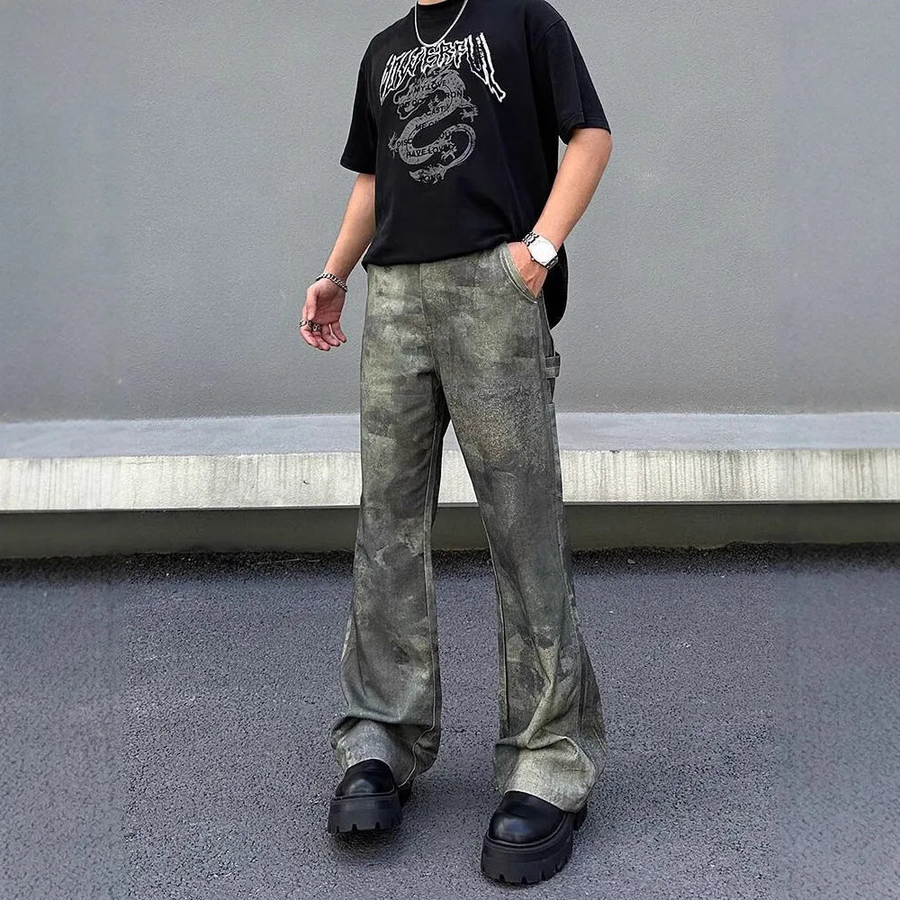 Men's straight leg digital camouflage jeans in cotton denim with retro military pattern
