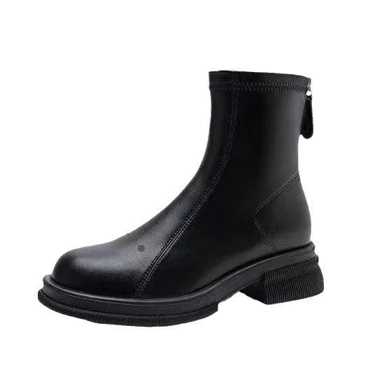 Women's thick heel flat ankle boots with back zip in black or brown colours