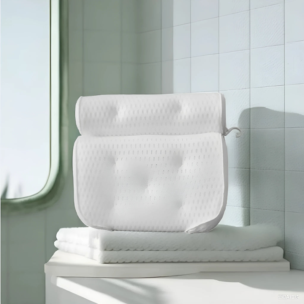 White 3D mesh bathtub pillow with seven suction cups for non-slip placement