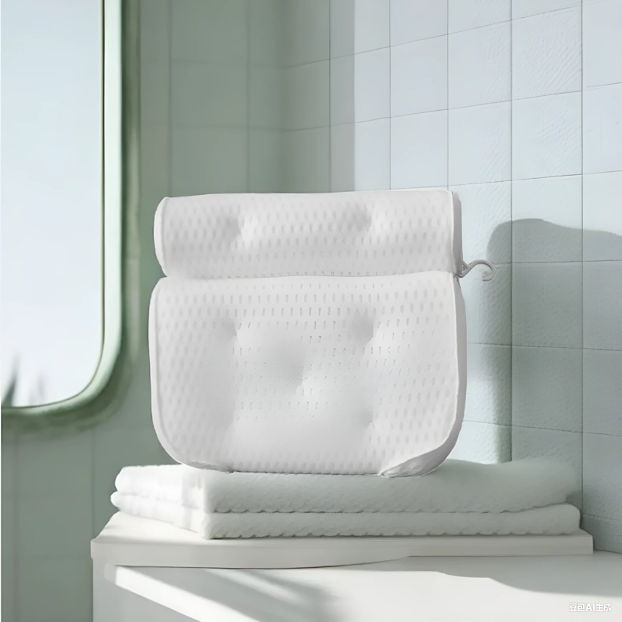 White 3D mesh bathtub pillow with seven suction cups for non-slip placement