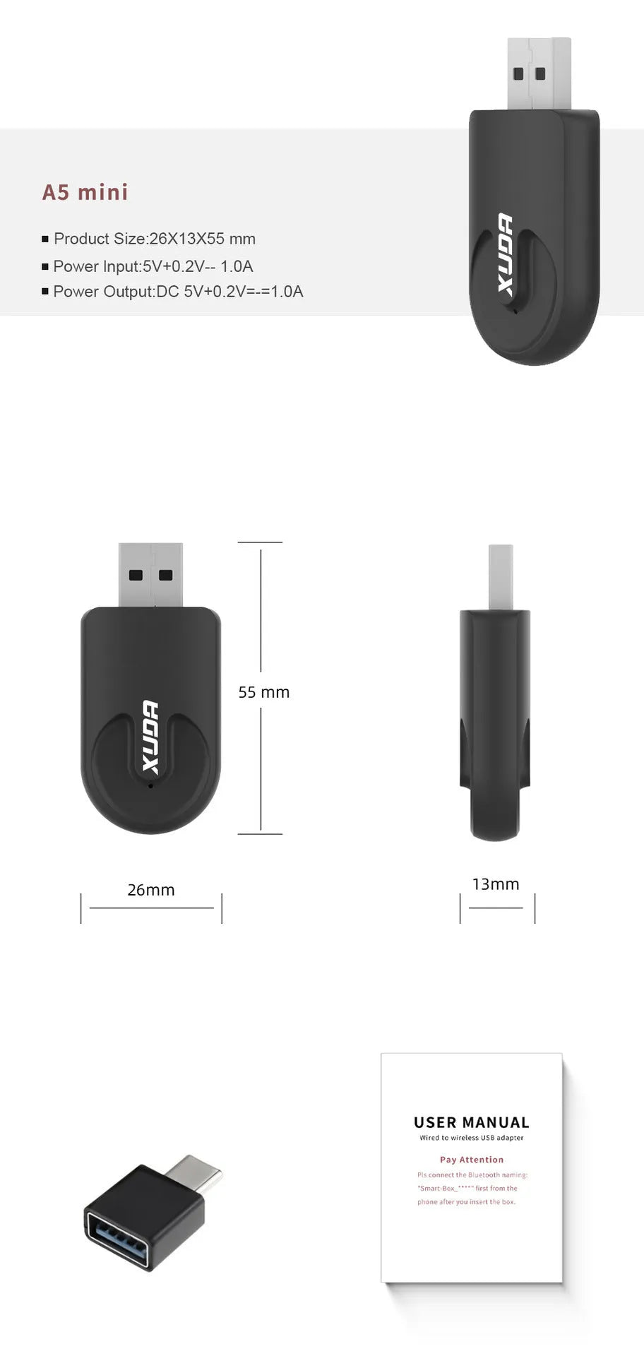 Black mini USB-C wireless CarPlay adapter with compact 26×55×13mm dimensions