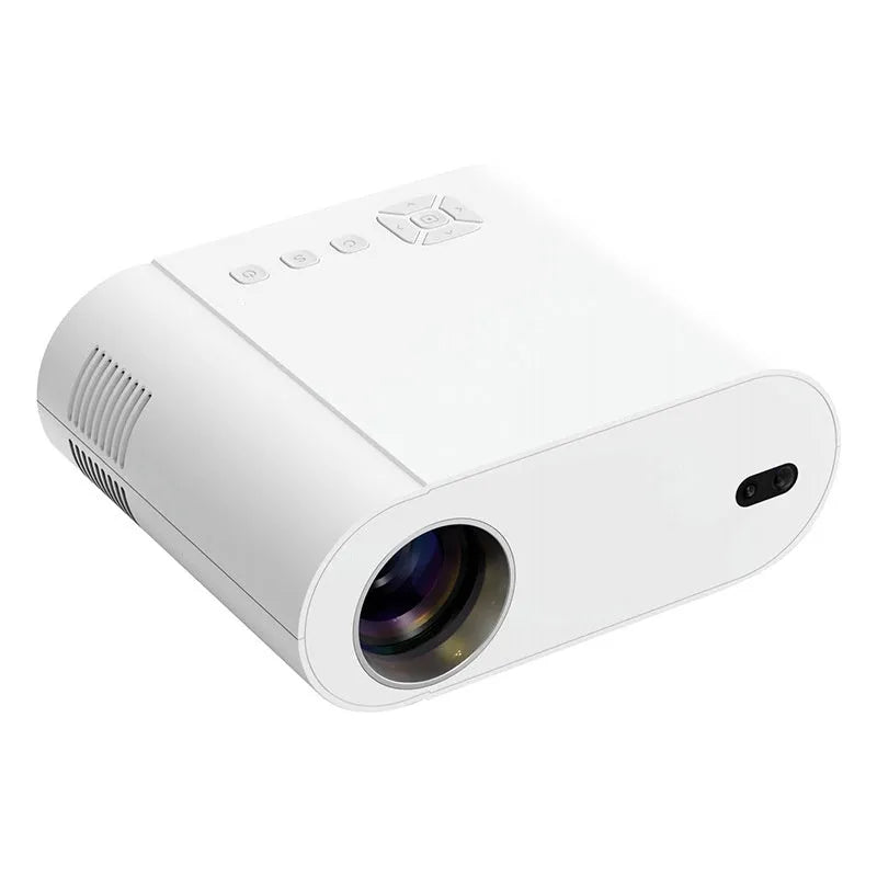White Full HD smart projector with remote control showing 1080p resolution and 320 ANSI lumen brightness