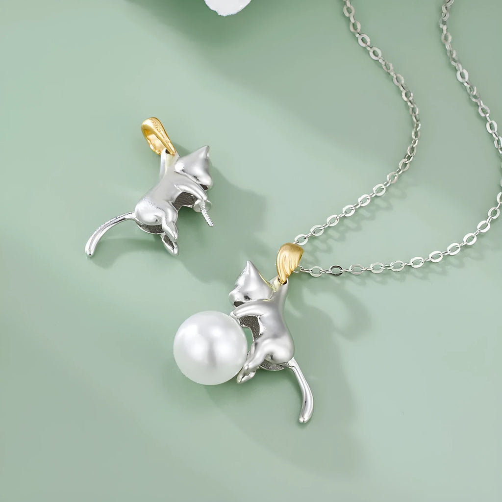 925 sterling silver clavicle chain necklace with cat design and pearl bead options