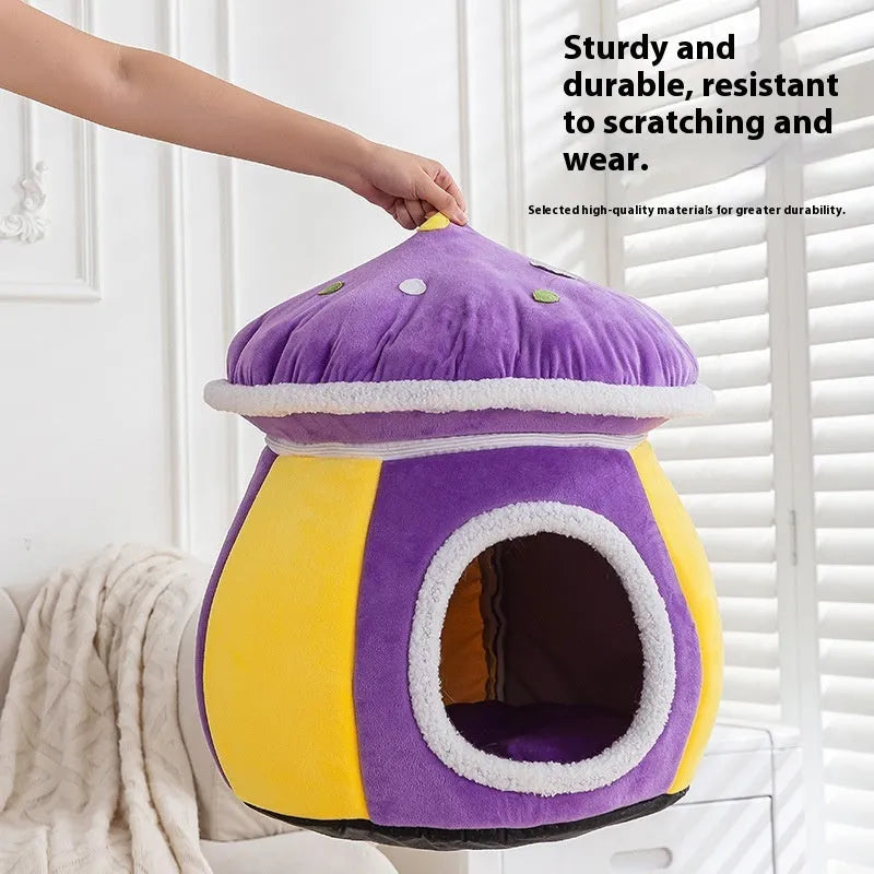 Mushroom-shaped cat bed with rabbit plush cover in grey pink purple colours