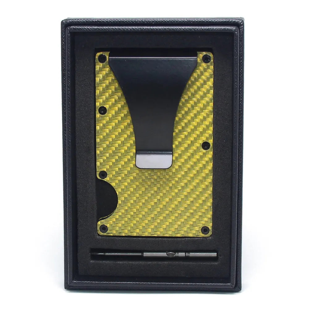 Slim geometric business card holder wallet in carbon fibre or aluminium, shown in black, blue, red, silver, or gold.