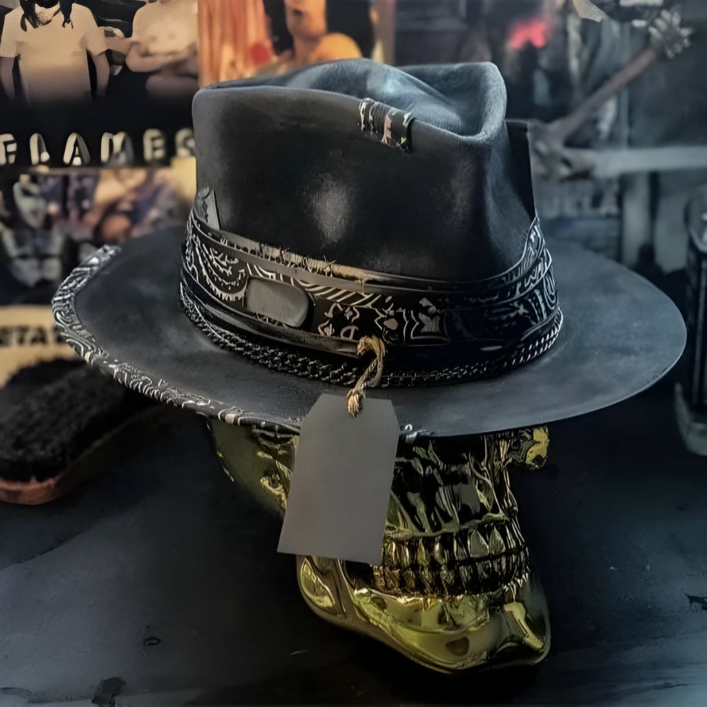 Handmade conical crown skull print hat in wool and denim fabric