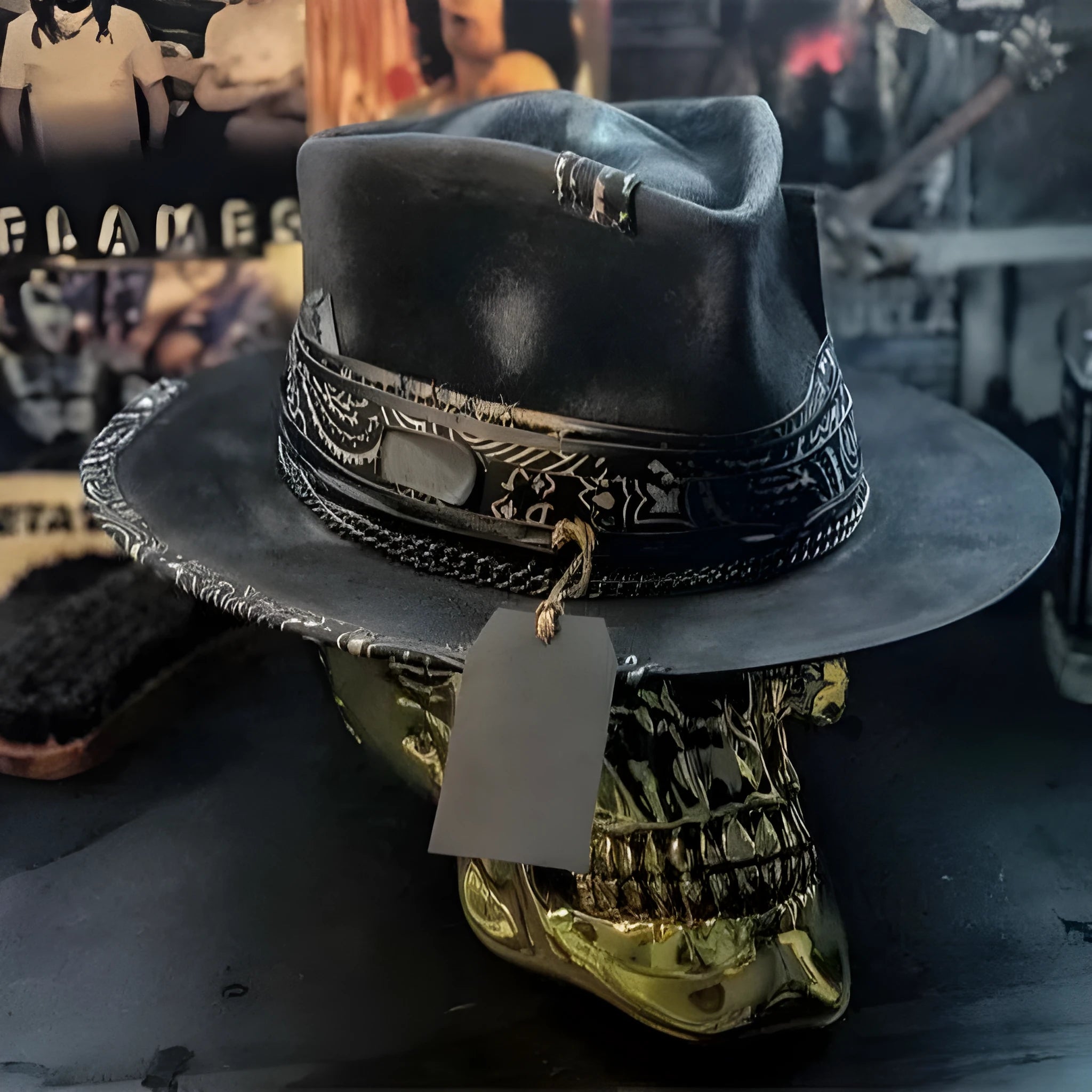 Handmade conical crown skull print hat in wool and denim fabric