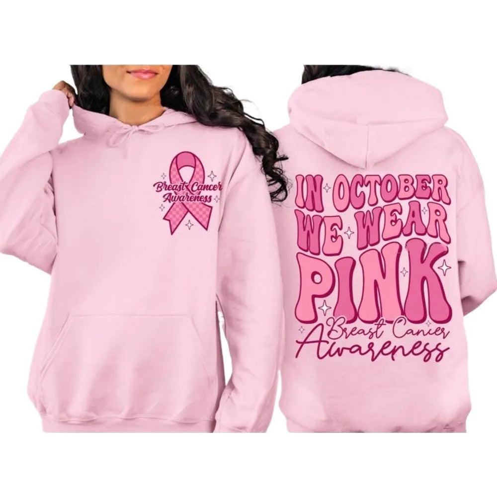 Pink Breast Cancer Awareness hooded sweatshirt with art retro pattern, side pocket, and hot stamping detail.