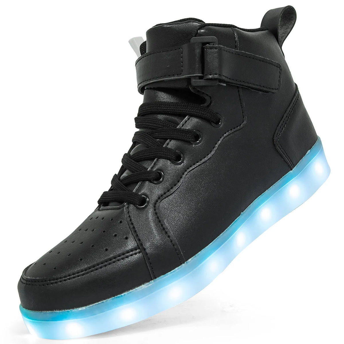 Pair of black high-top sneakers with LED lights illuminated on the side and Velcro straps.