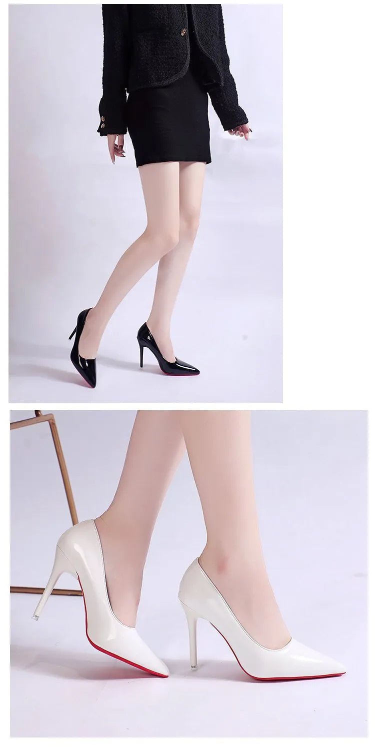 Women's solid colour stiletto heel pumps with pointed toe and shallow cutout design