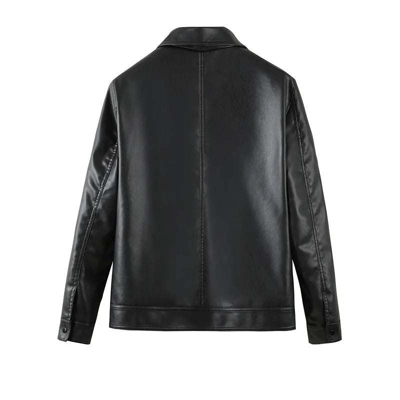 Men's black PU leather jacket with zipper pockets and loose fit casual design