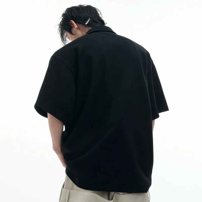 Men's deconstructed multi-collar polo shirt with geometric pattern in cotton short sleeve
