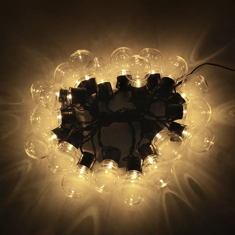 10 metre black solar string lights with 40 transparent plastic bulbs for outdoor festival decoration