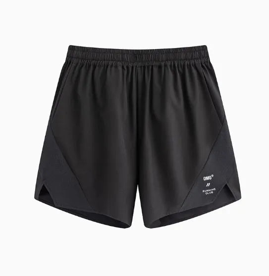 Men's black four-point running shorts with laser stitching on a flat surface, showing stretch fabric.
