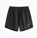 Men's black four-point running shorts with laser stitching on a flat surface, showing stretch fabric.