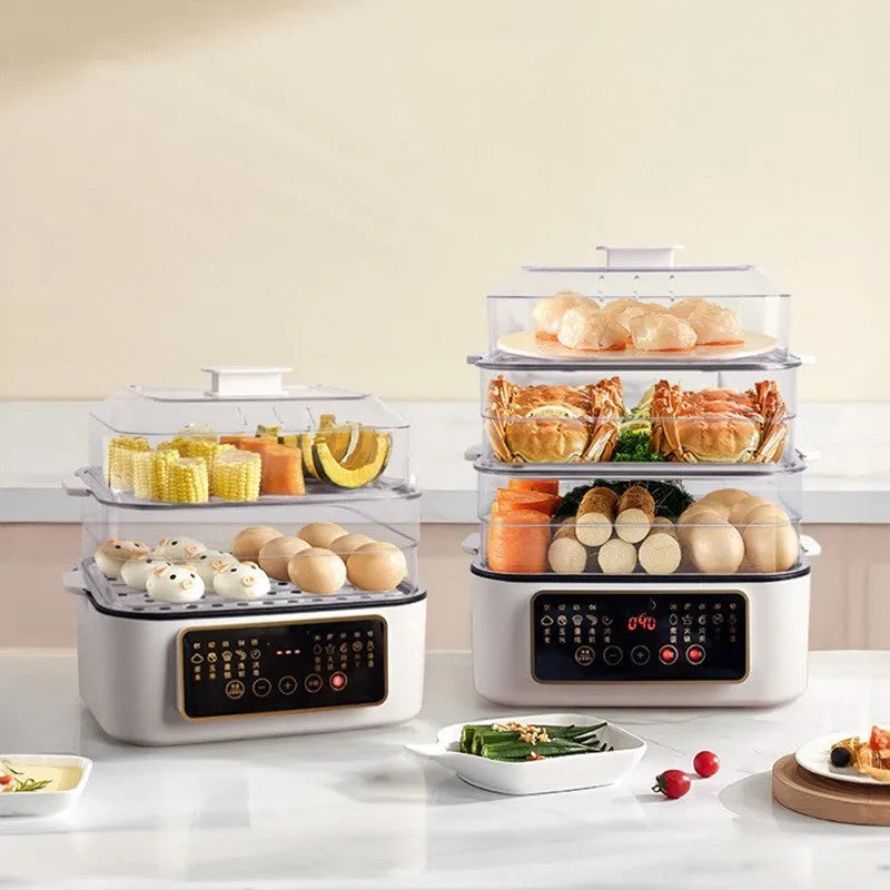 Stainless steel electric steamer with automatic water measuring and 10L capacity