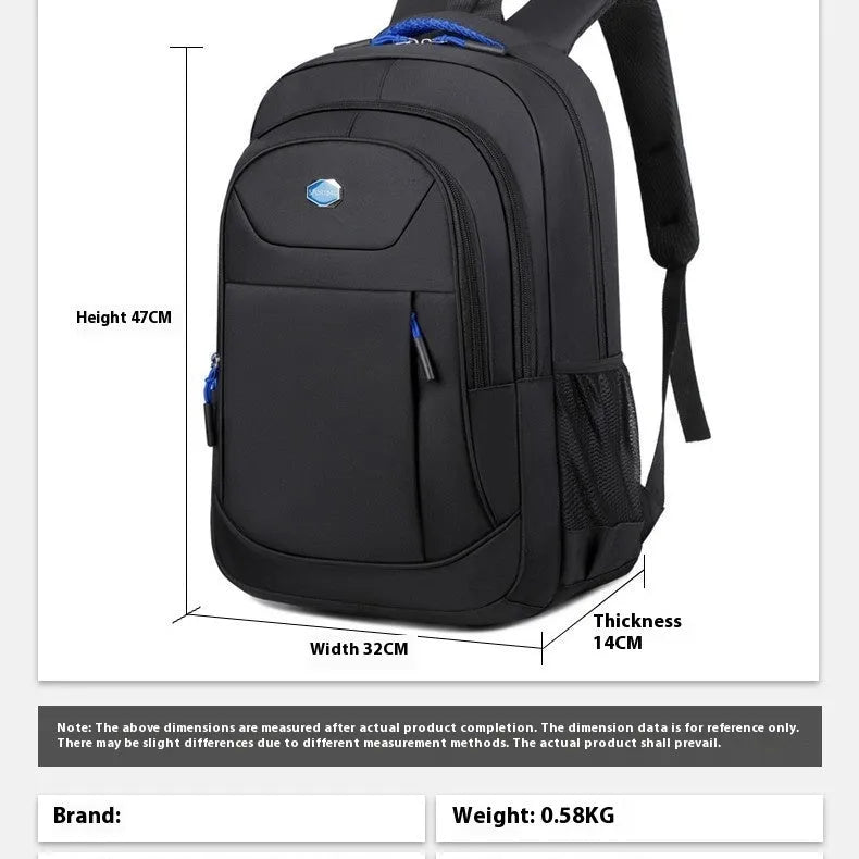 Solid colour Oxford cloth backpack with curved shoulder straps, shown in black, blue, green, or red.