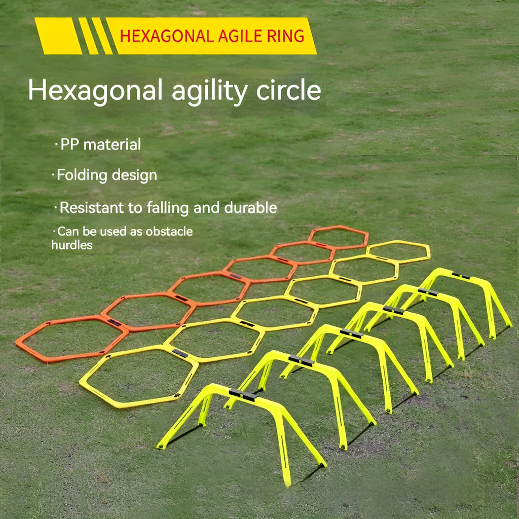 Set of six foldable hexagon football agility training rings in yellow, green and orange colours