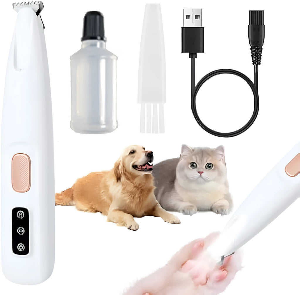 White rechargeable electric dog paw trimmer with LED light on a compact body.